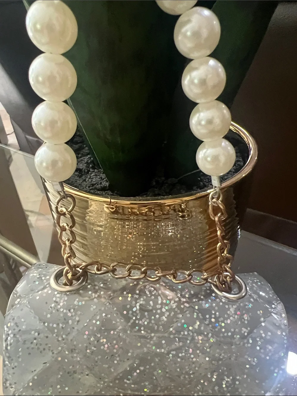 Pearl-Handle Glitter Mini Bag - White